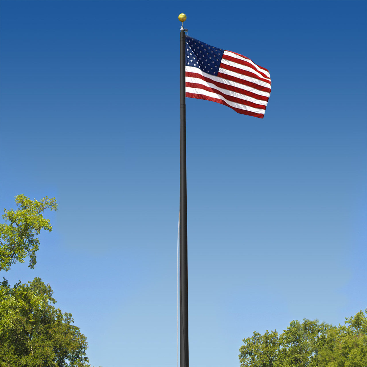 American flag on a pole against a clear blue sky with trees in the background