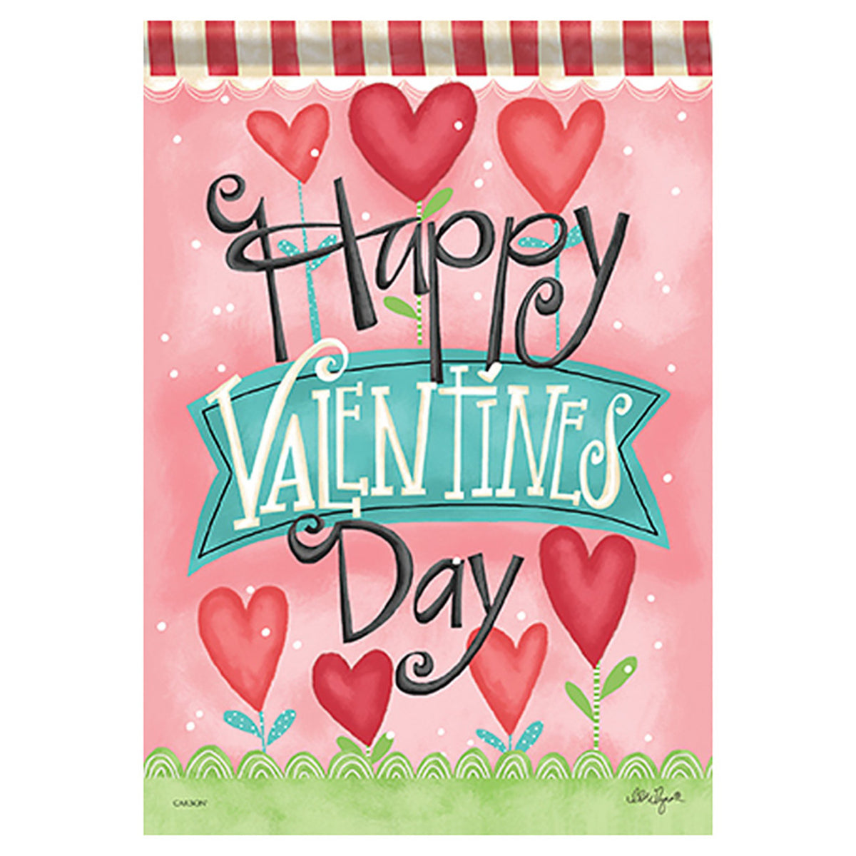 Decorative garden flag Valentine's Day theme with hearts and 'Happy Valentine's Day' text on a pink background