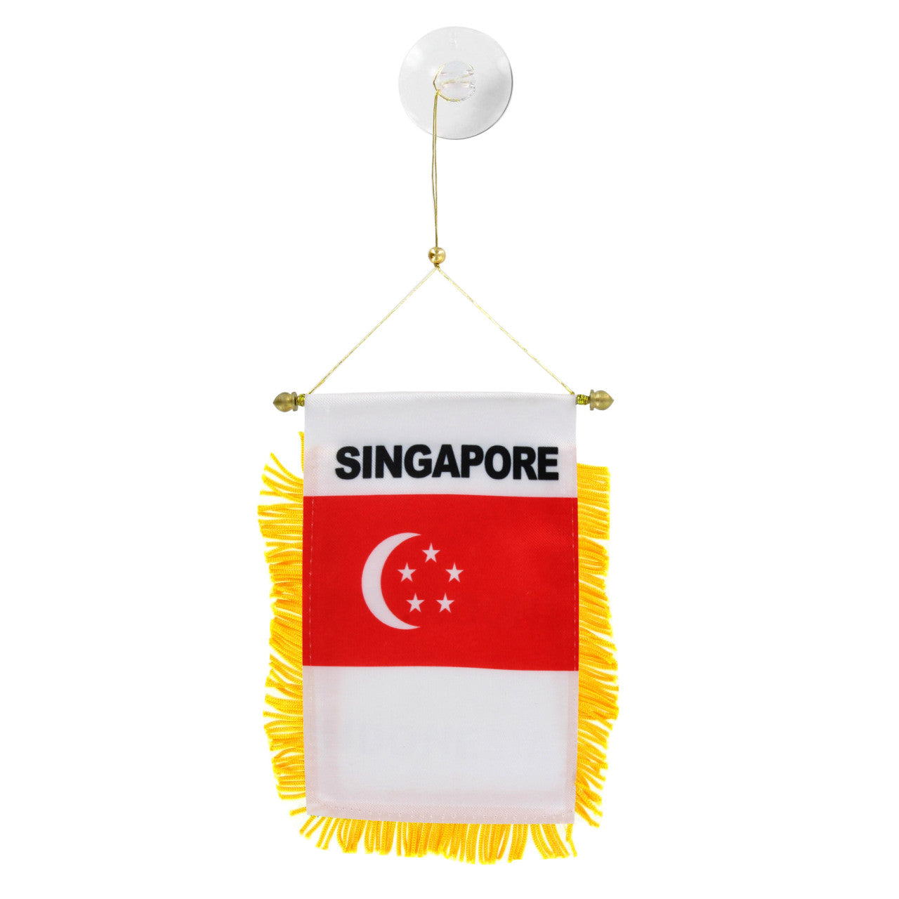 Small flag of Singapore with yellow fringe on a white background