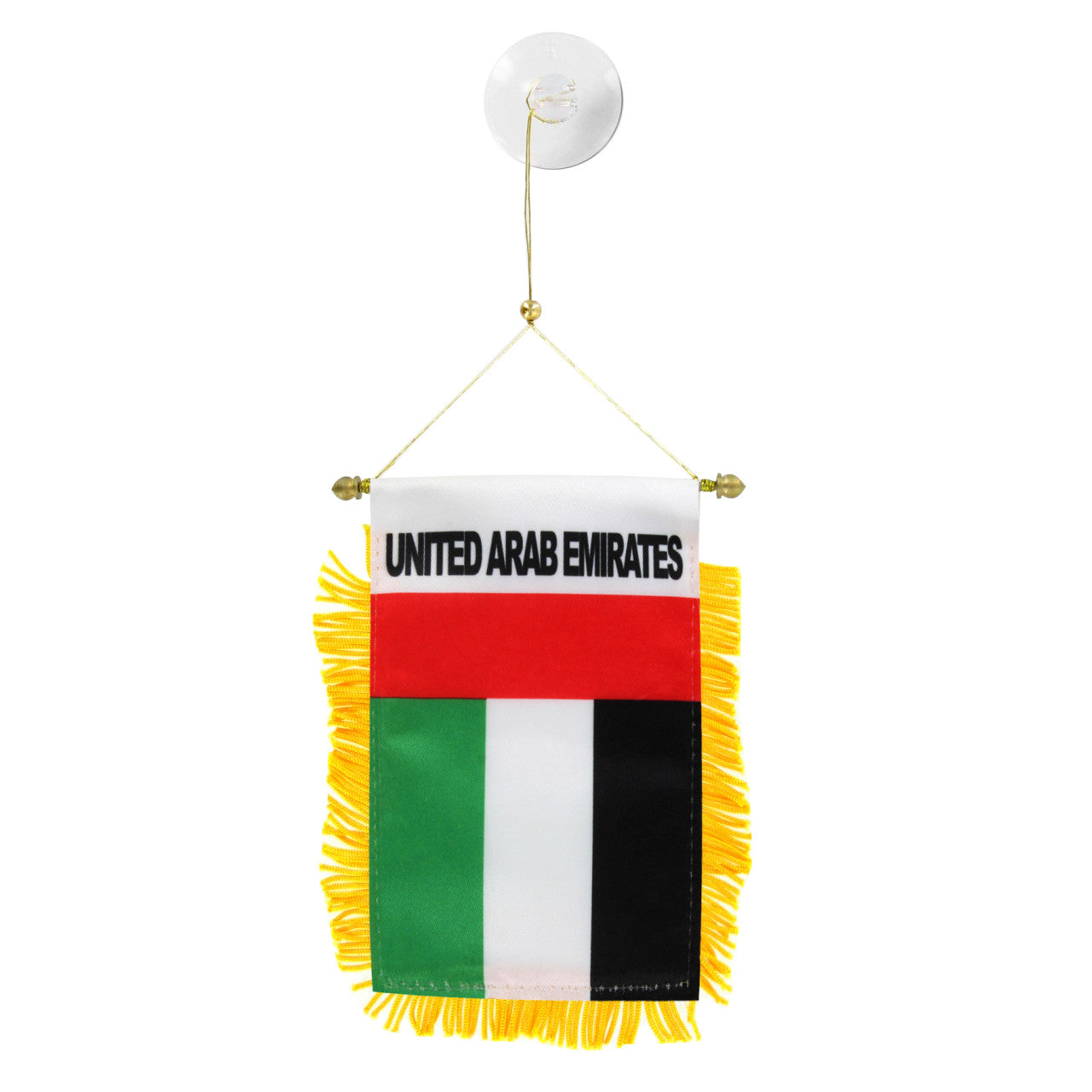 Small flag of the United Arab Emirates with fringes on a white background