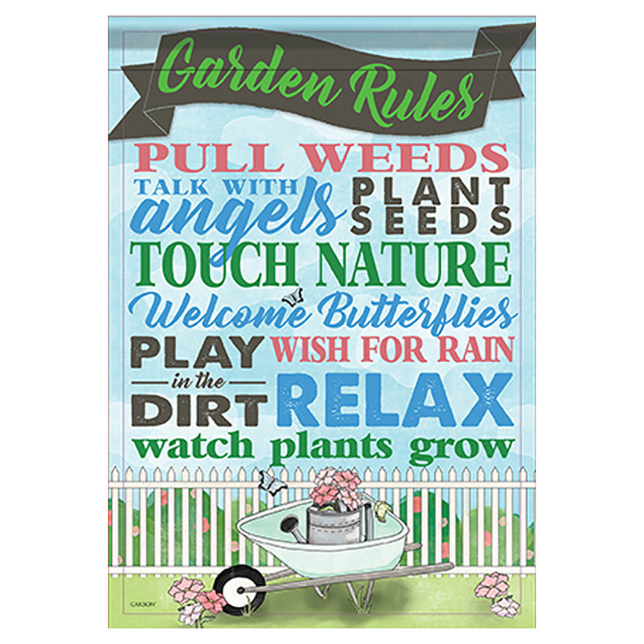 Poster with garden-themed text and a wheelbarrow illustration on a white background
