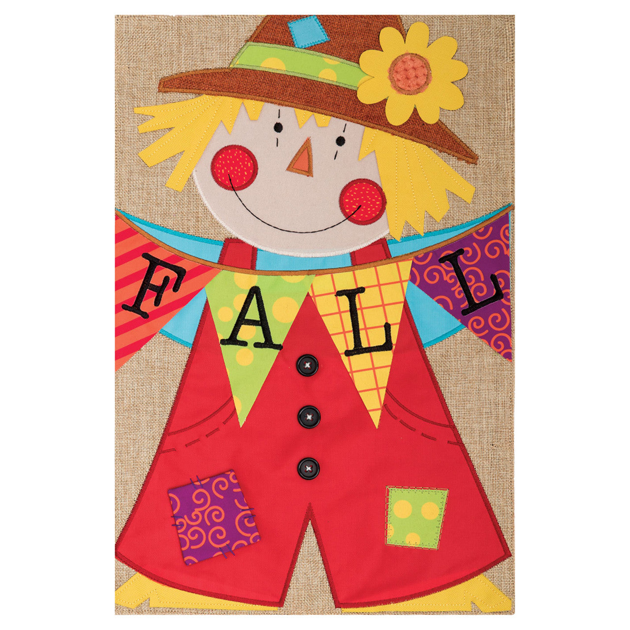 Decorative sign with a scarecrow design and 'Fall' banner on a burlap background