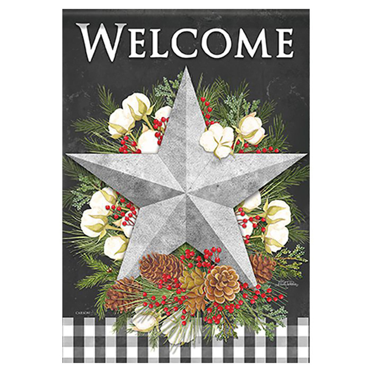 Decorative welcome flag with a star, greenery, and pinecones on a black background.