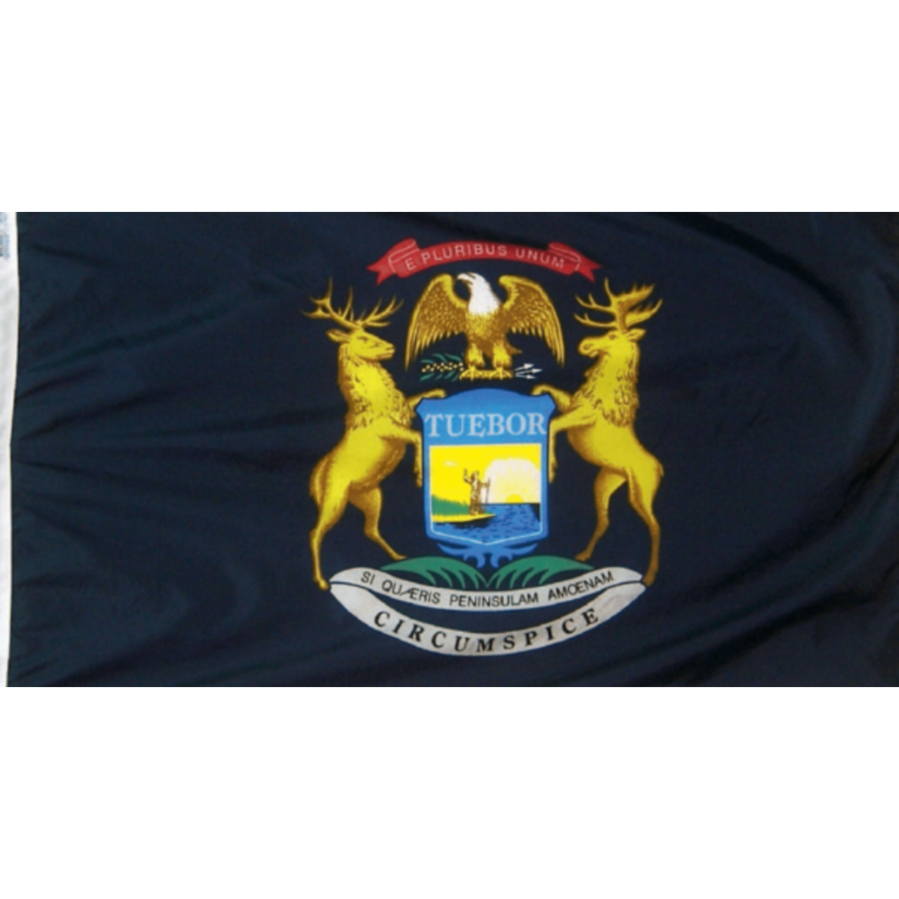 Michigan state flag with a coat of arms featuring two deer, an eagle, and a shield on a blue background.