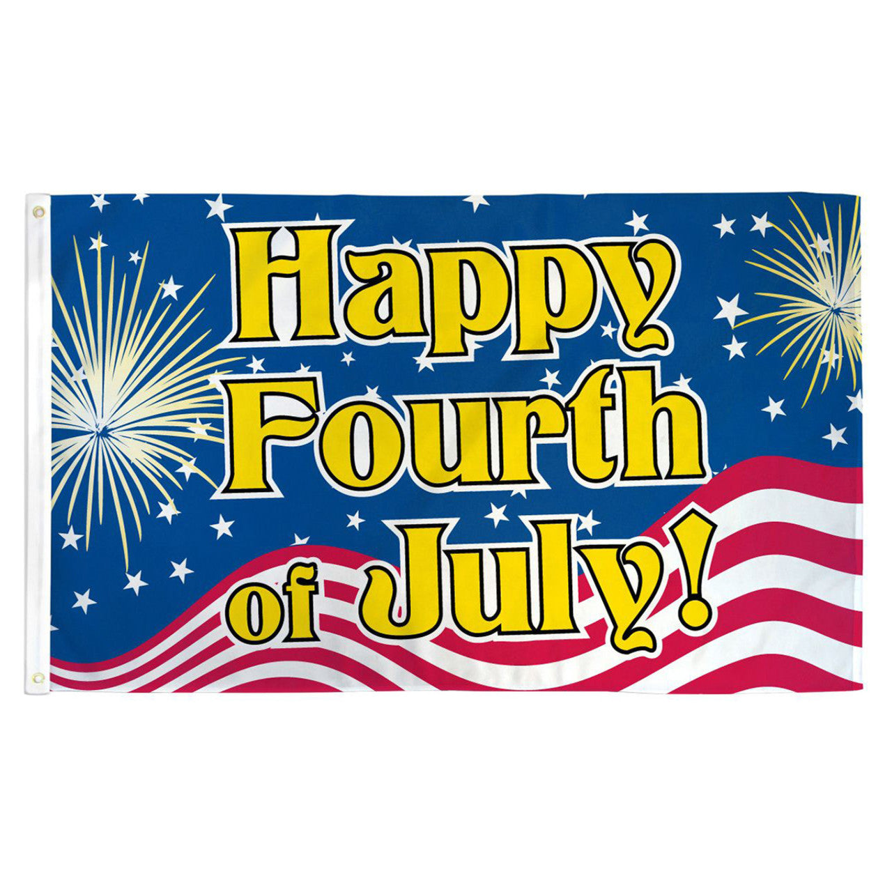 Flag with 'Happy Fourth of July!' text, American flag design, and fireworks on a blue background.
