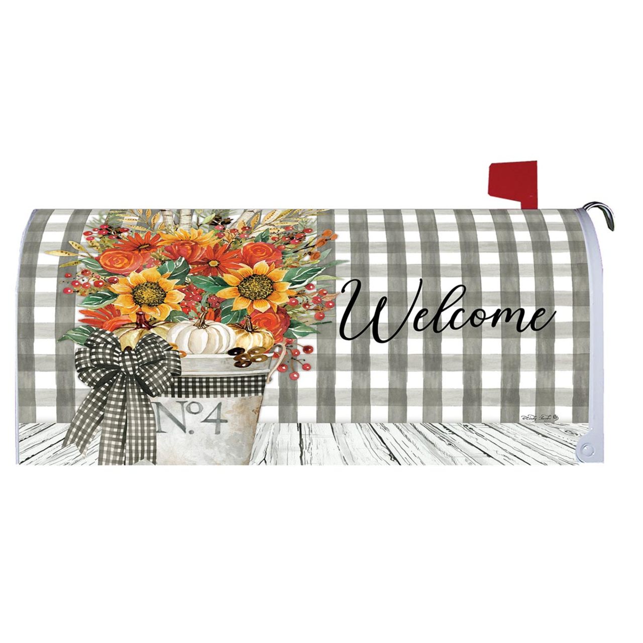 Mailbox cover with autumn design, flowers, pumpkins, and 'Welcome' text on a checkered background.
