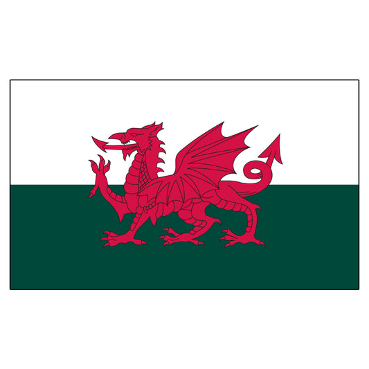 Wales Flag 3ft x 5ft Super Knit polyester - Secondary Image - United States Flag Store Wales flag with top half white and bottom half green with a red dragon in the center.