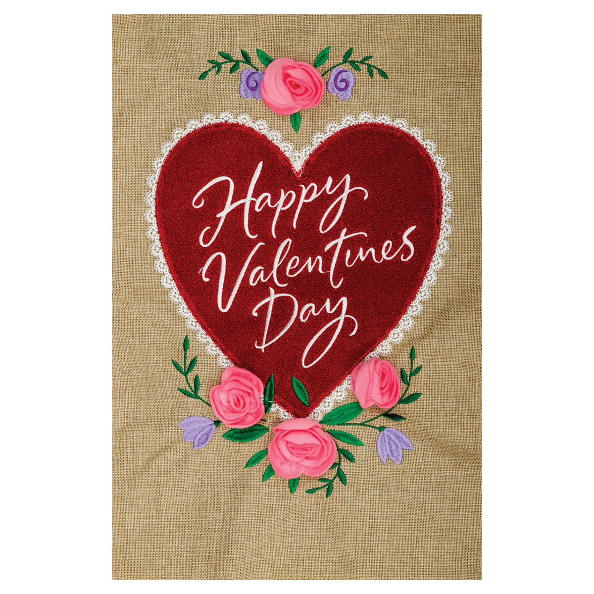 Valentine's Day garden flag with a red heart and floral decorations on a textured background