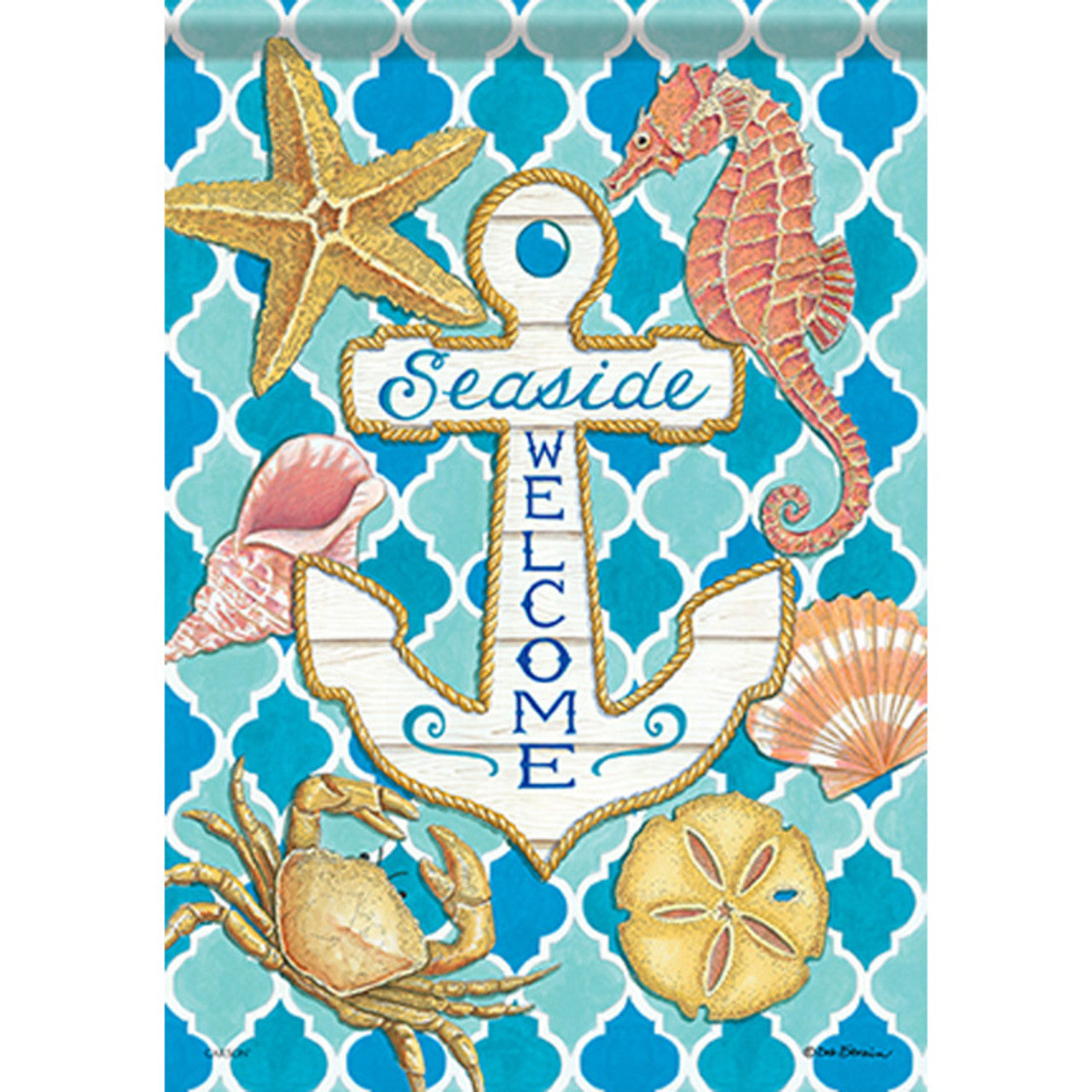 Decorative flag with anchor, seahorse, starfish, and other sea-themed elements on a blue and white patterned background.