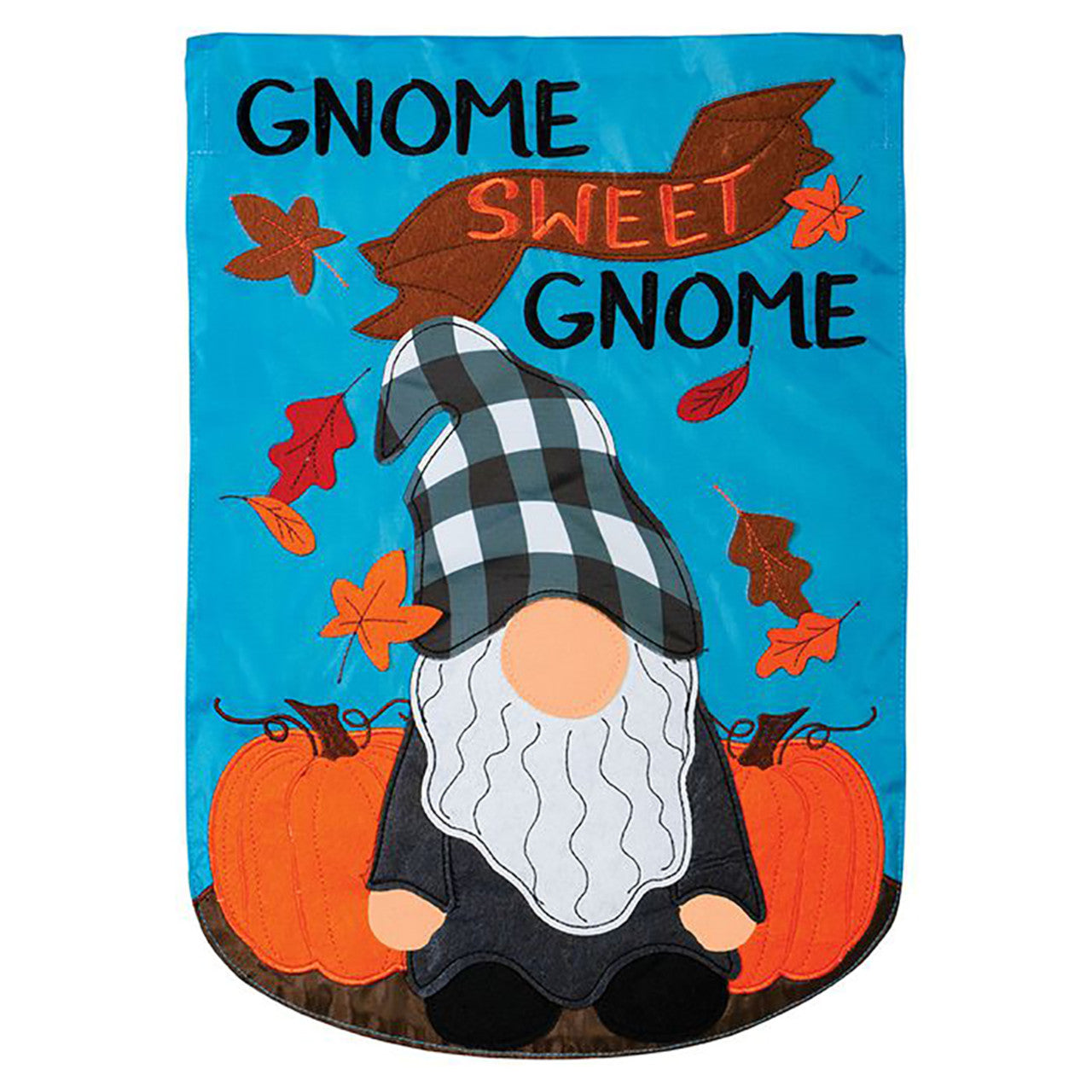 Decorative garden flag with a gnome, pumpkins, and 'Gnome Sweet Gnome' text on a blue background.