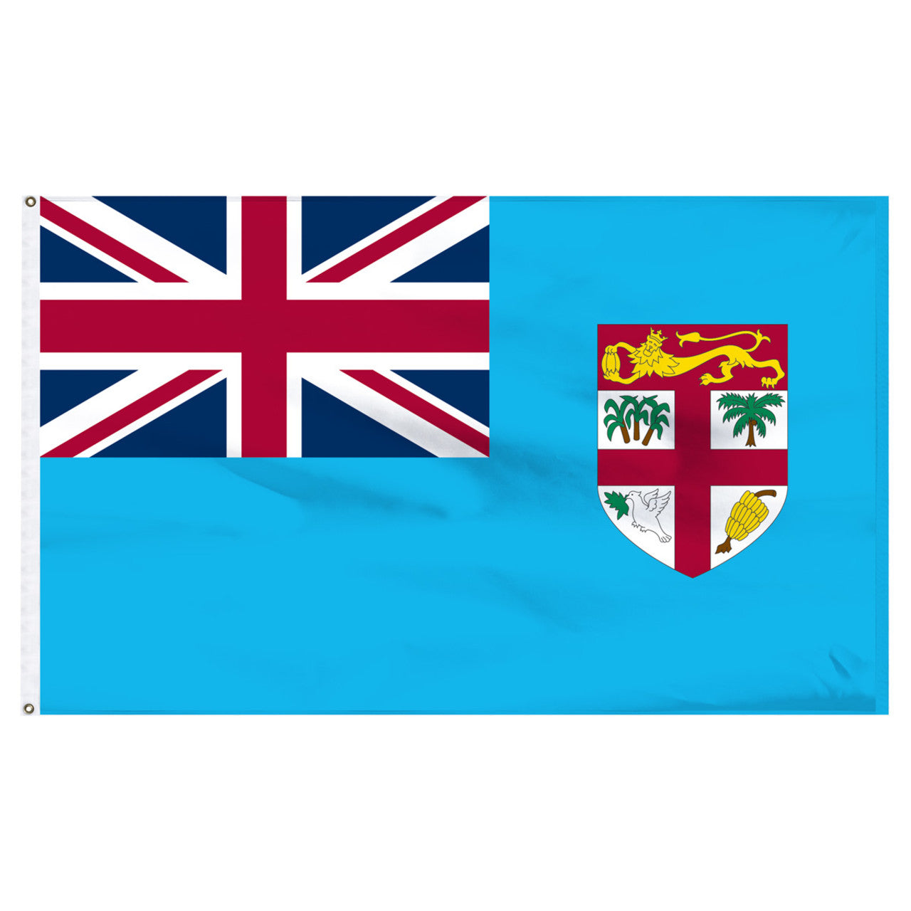 Blue flag of Fiji with Union Jack on the left and Fiji coat of arms on the right against