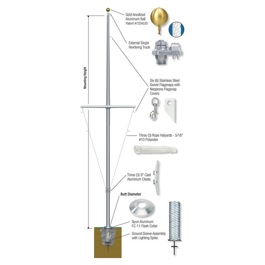 Nautical Single Mast Series 25ft Commercial Flagpole - .125in Wall Thickness - 5in Butt Diameter