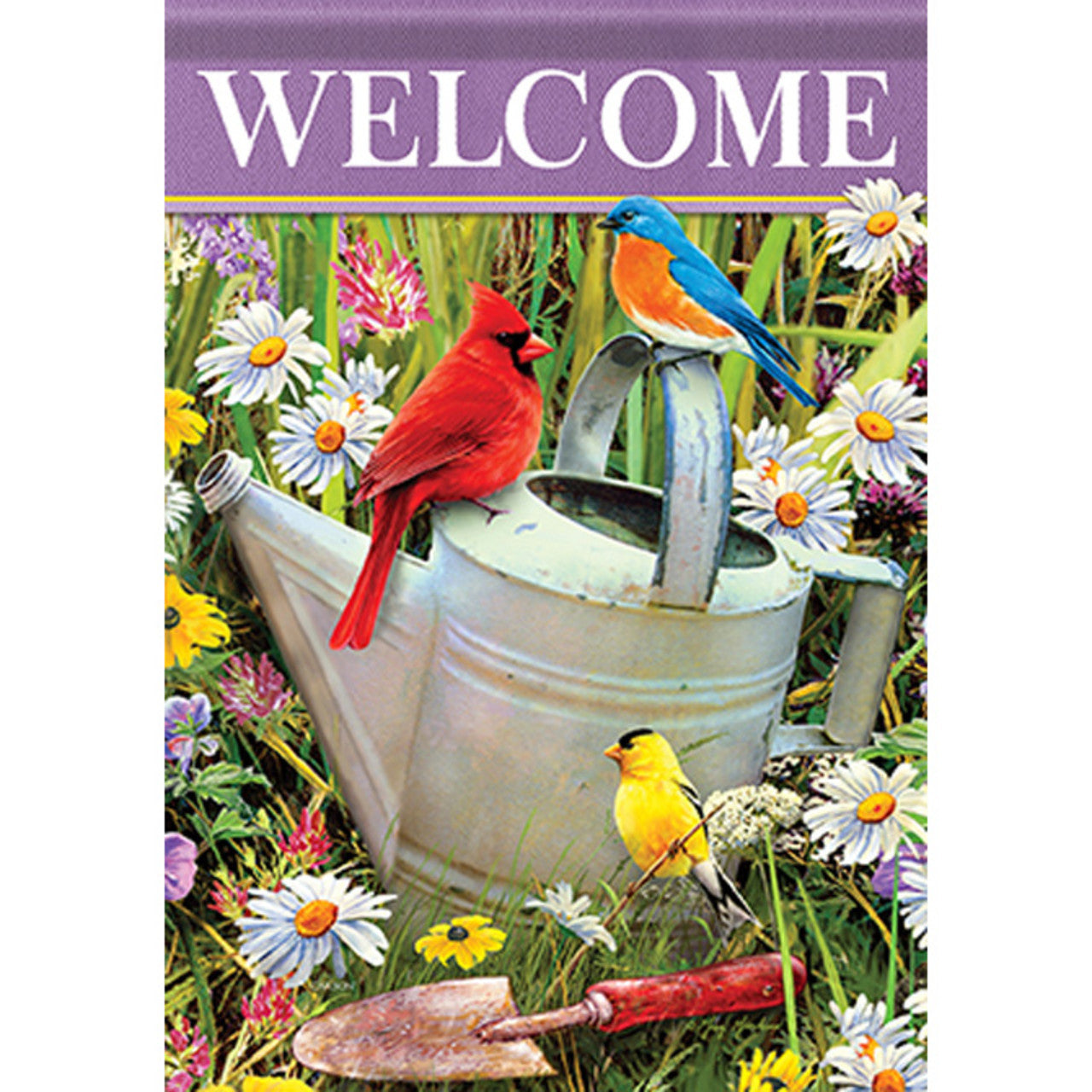 Decorative garden flag with birds and flowers, featuring a red cardinal, blue bird, and yellow bird on a watering can.