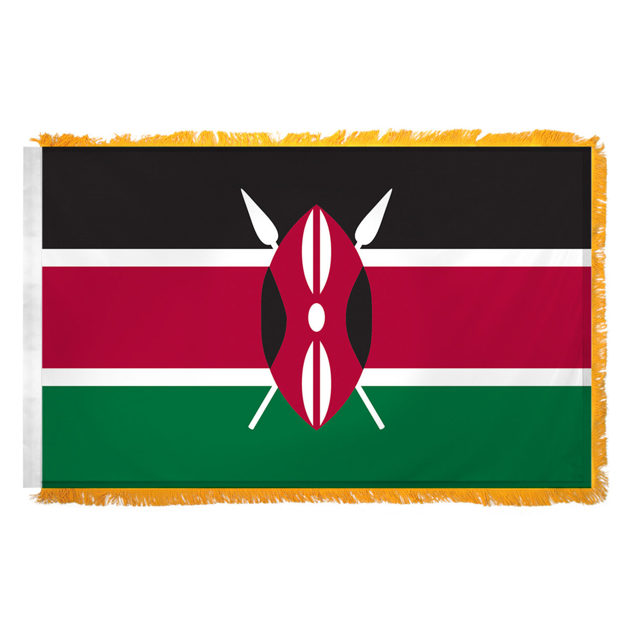Flag of Kenya with black, red, and green thick horizontal stripes and two white thinner stripes. Flag features a central emblem with white spears.