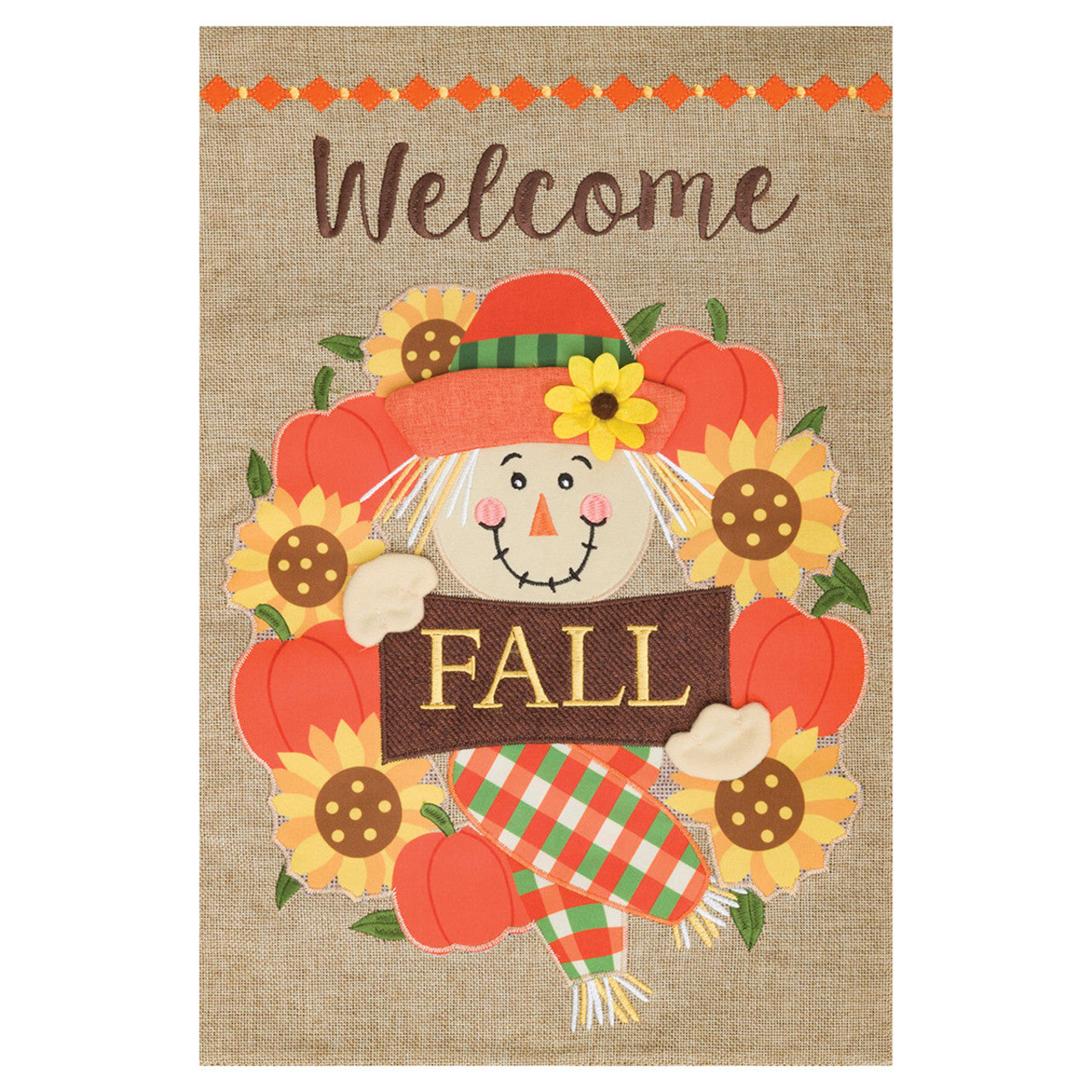 Decorative fall-themed garden flag with a scarecrow, pumpkins, and sunflowers on a burlap background.