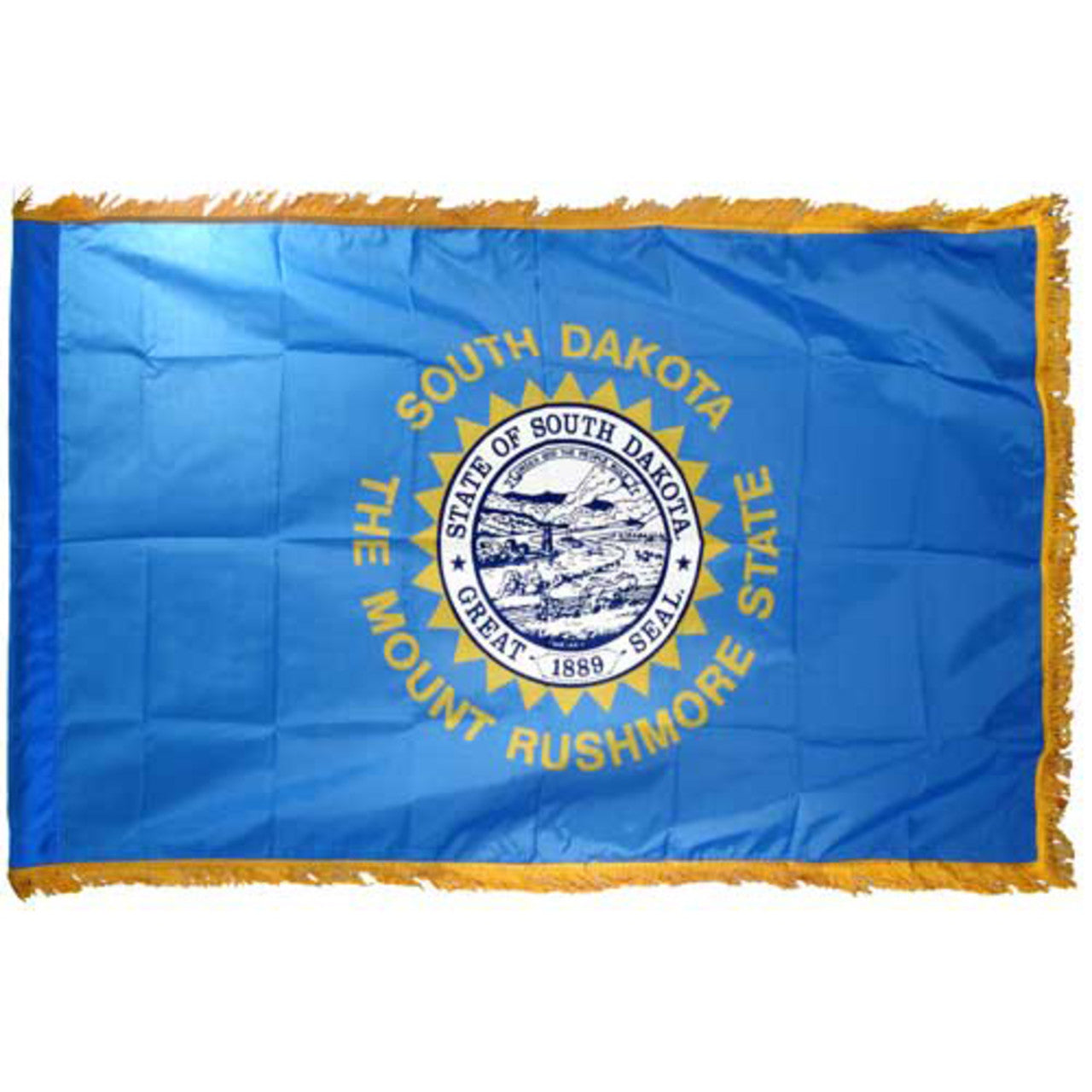 State of South Dakota state flag featuring the full-color state seal, gold sunburst, and 'South Dakota, The Mount Rushmore State' text on a solid sky-blue field. Flag has fringe the edges.