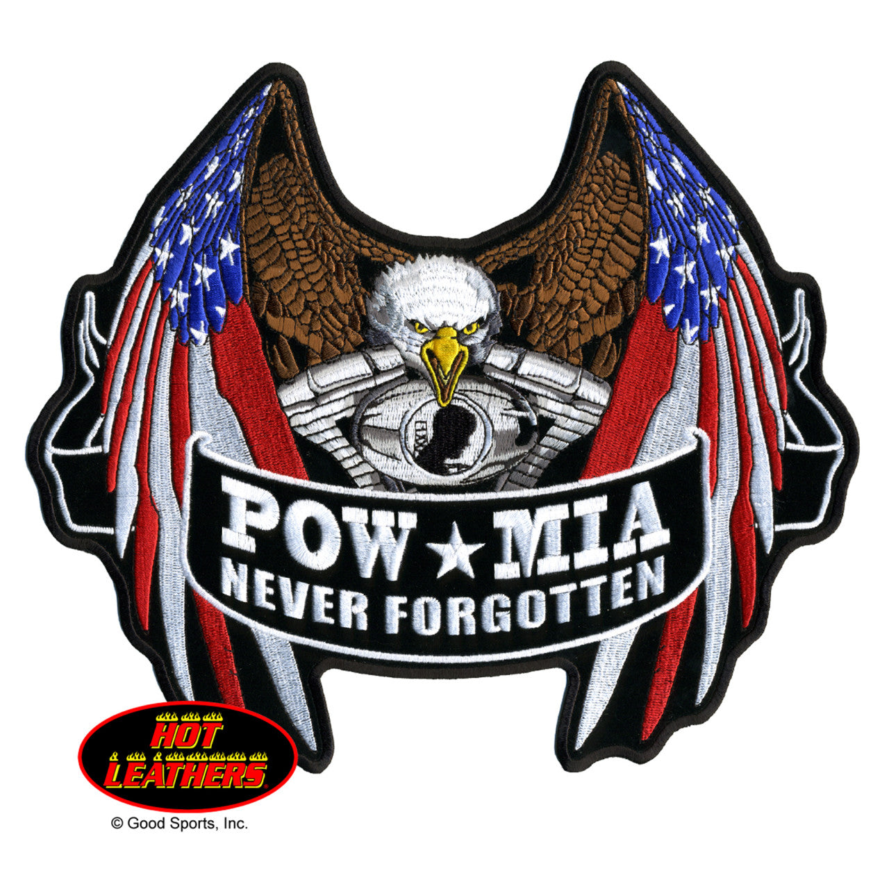 Patch with eagle, American flag, and 'POW MIA Never Forgotten' text on a white background.