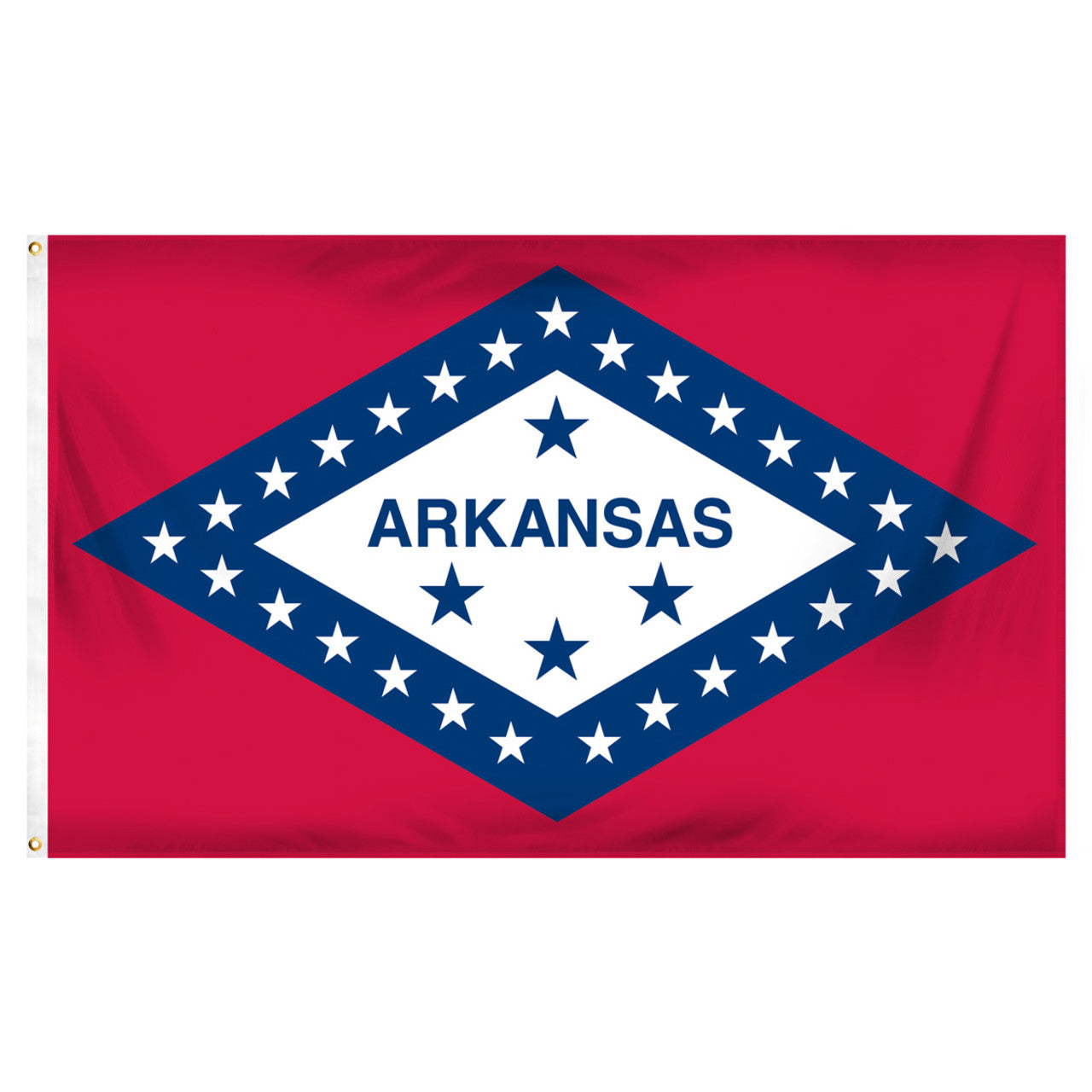 State of Arkansas flag with red background and a large horizontal diamonded outlined in blue with white stars and a white center with four blue stars and "Arkansas" text.