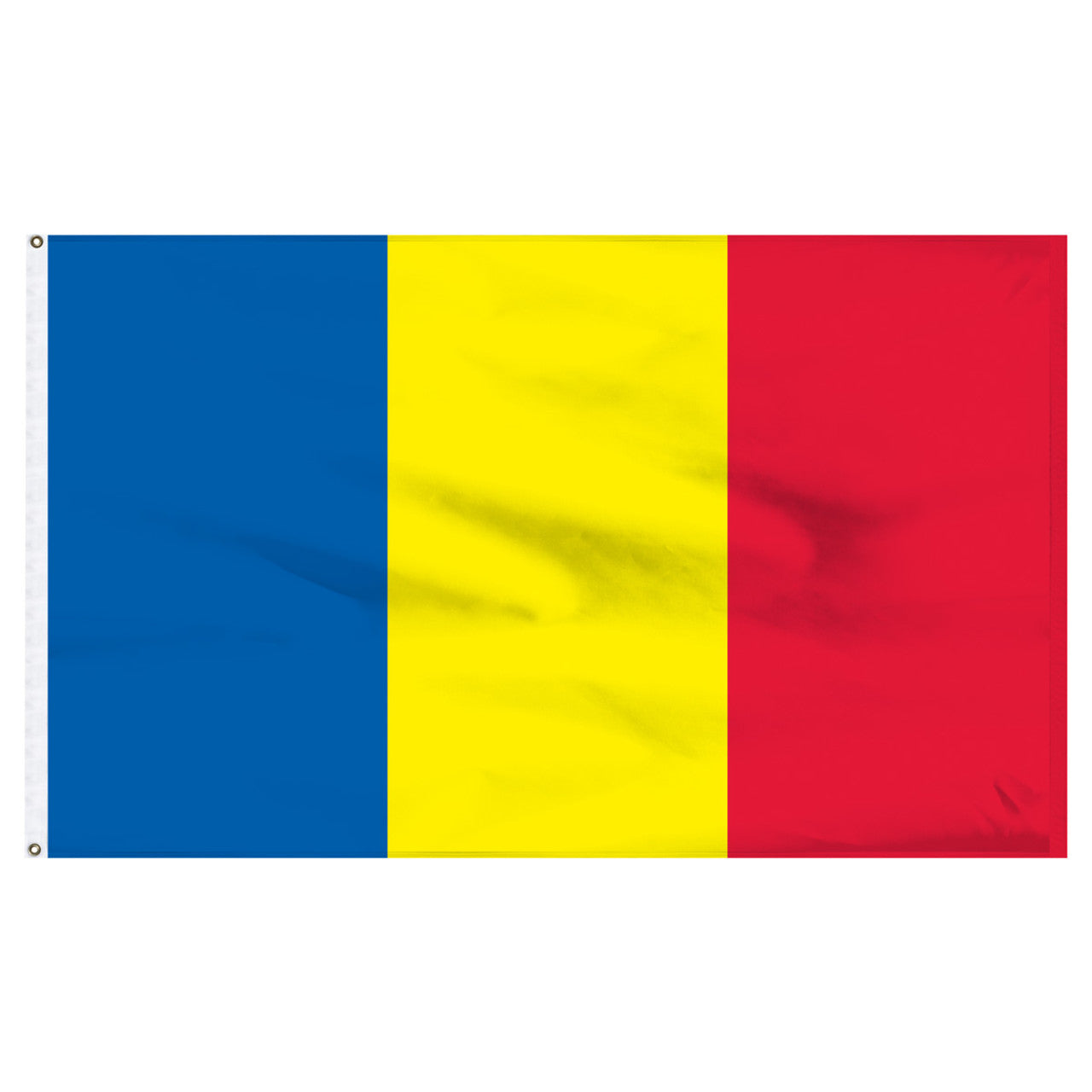 A Romania flag featuring vertical stripes in blue, yellow, and red.