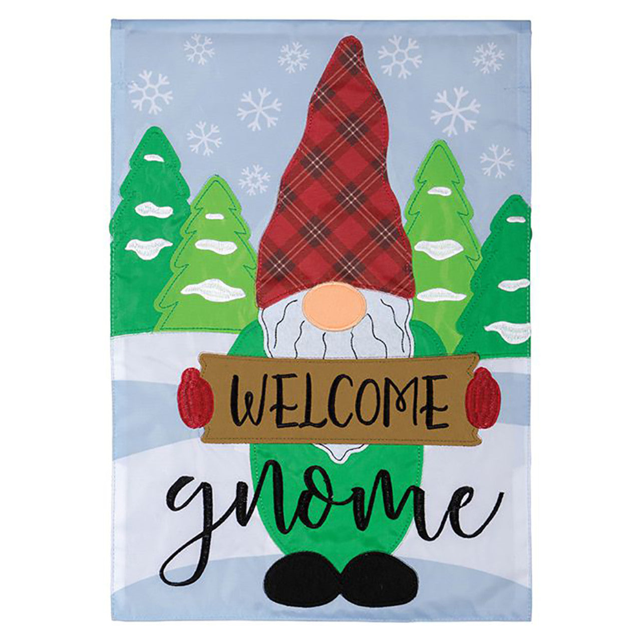 Decorative flag with a gnome holding a 'Welcome gnome' sign, set against a snowy landscape.