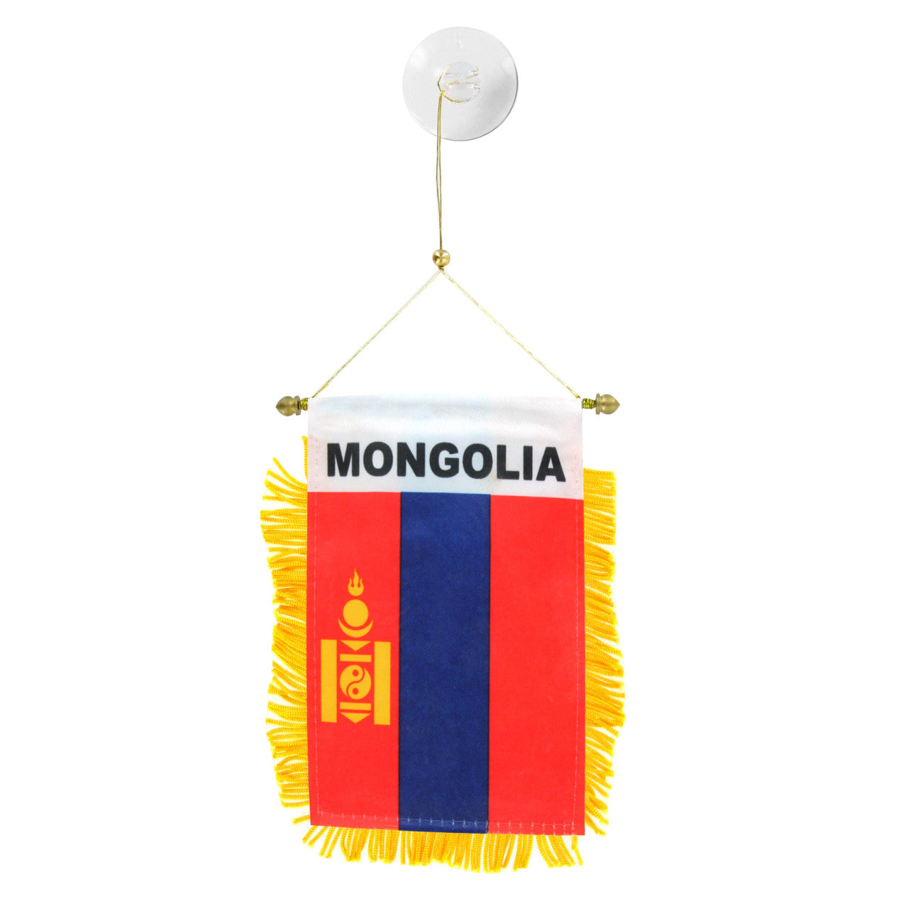 Small flag of Mongolia with fringes on a white background