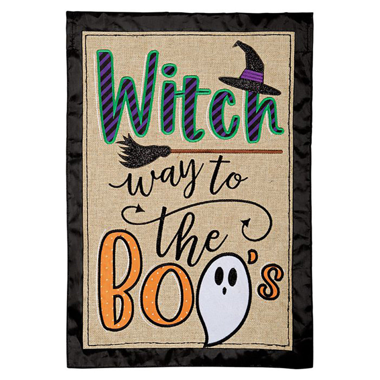 Halloween-themed decorative flag with text and graphics on a burlap background