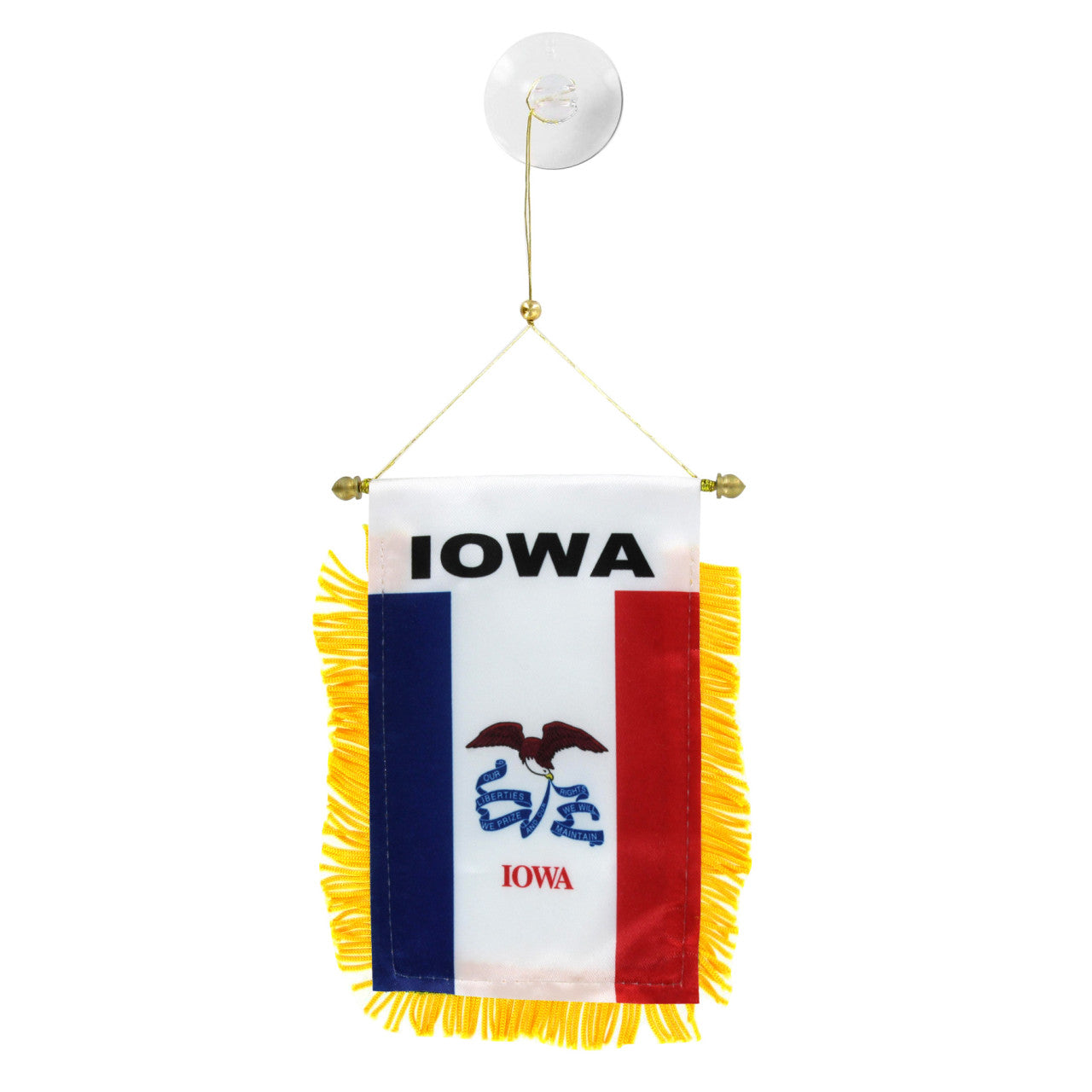 Hanging Iowa state flag with colorful fringe on a white background
