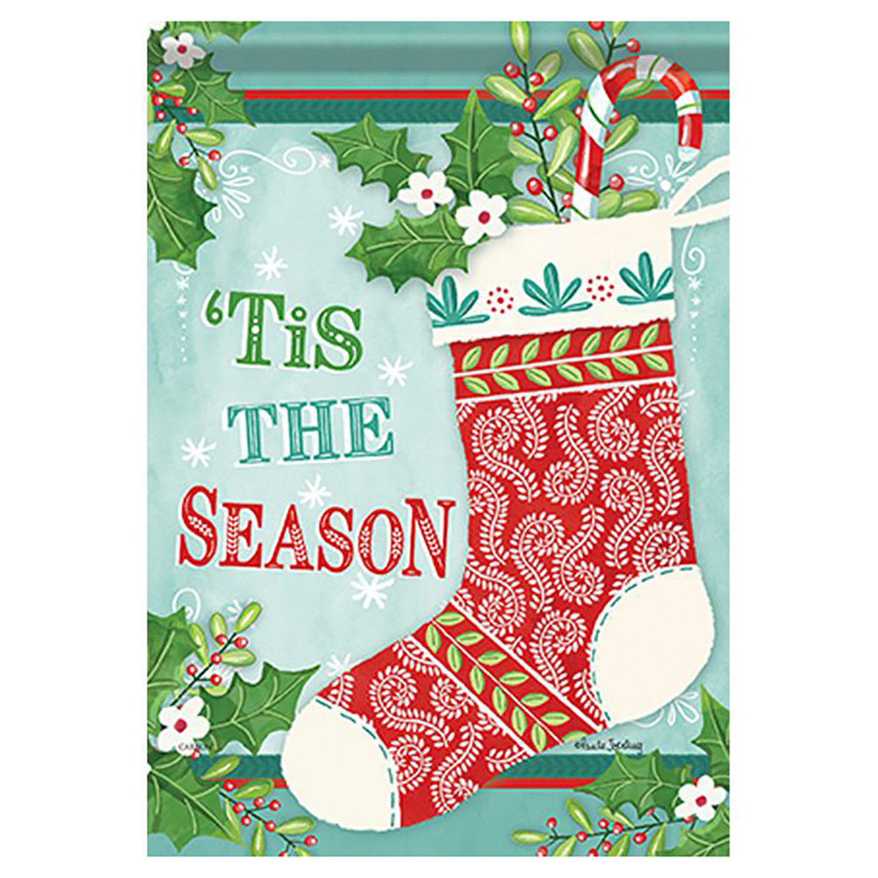 Christmas-themed garden flag with a red stocking and 'Tis The Season text on a light blue background.