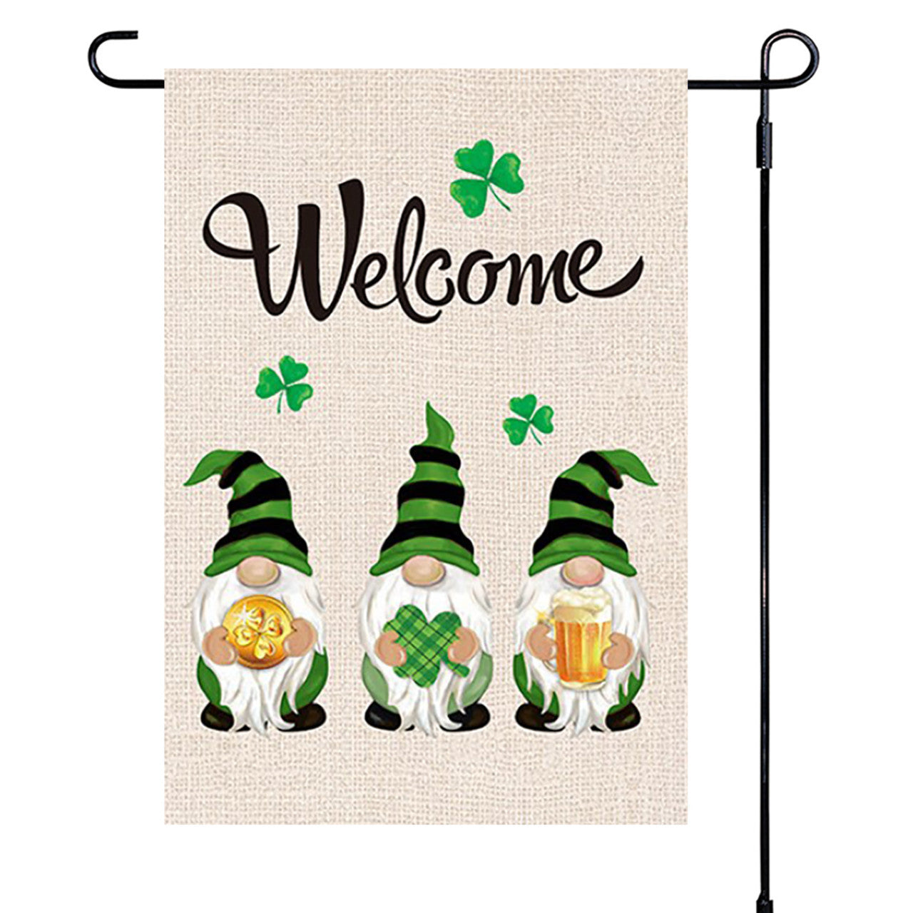 Decorative garden flag with gnomes and 'Welcome' text on a white background