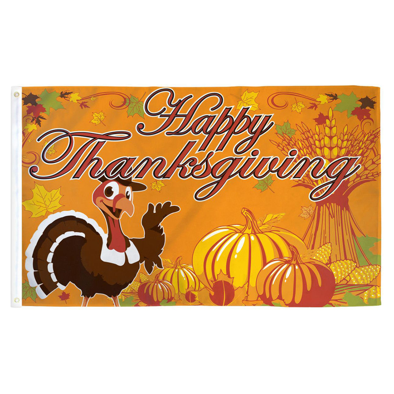 Thanksgiving-themed banner with a turkey, pumpkins, and fall leaves on an orange background.