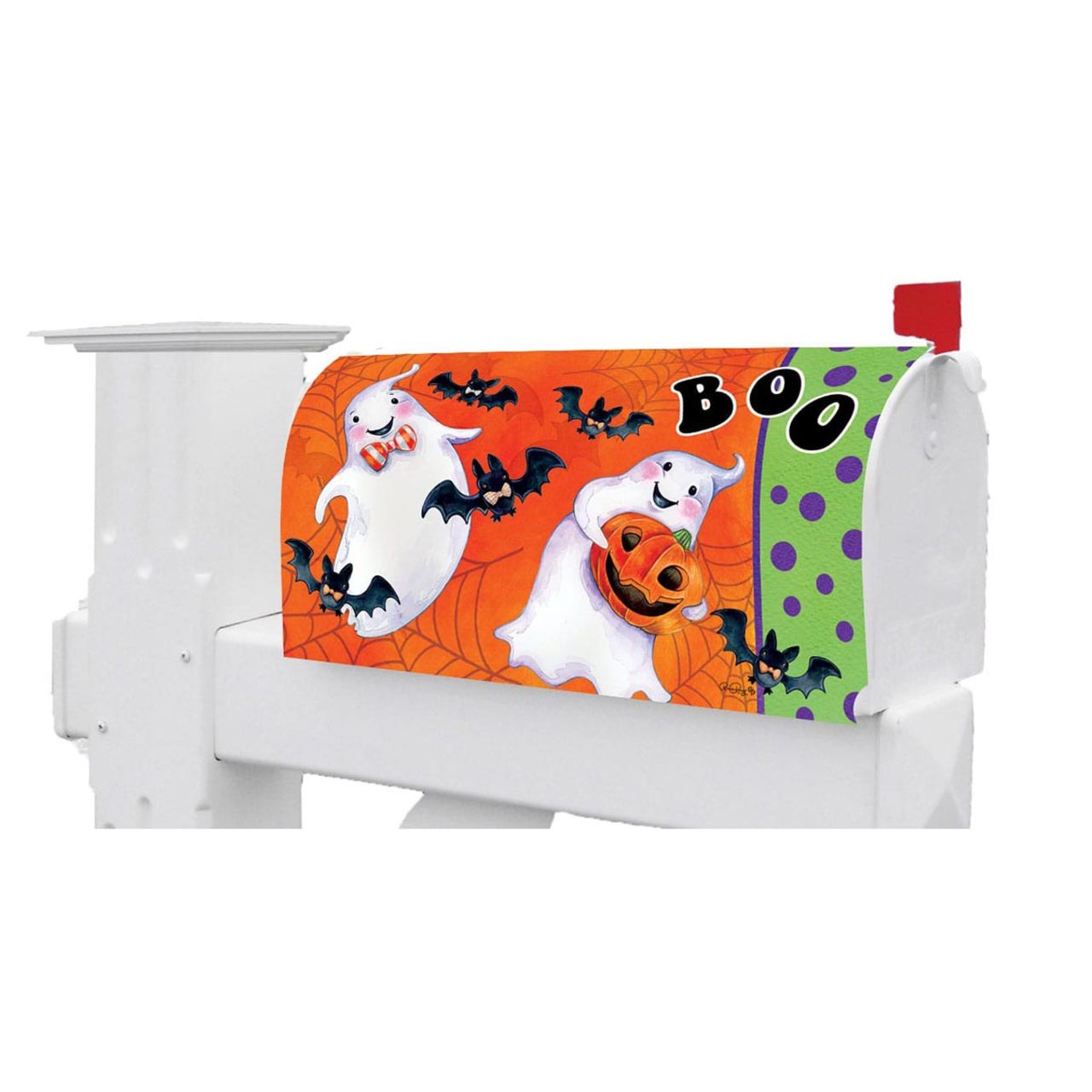 Halloween-themed mailbox cover with ghosts, pumpkins, and bats on an orange background.