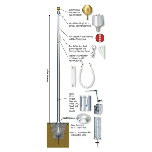 Titan Series 30ft Commercial Flagpole - .188in Wall Thickness - 7in Butt Diameter