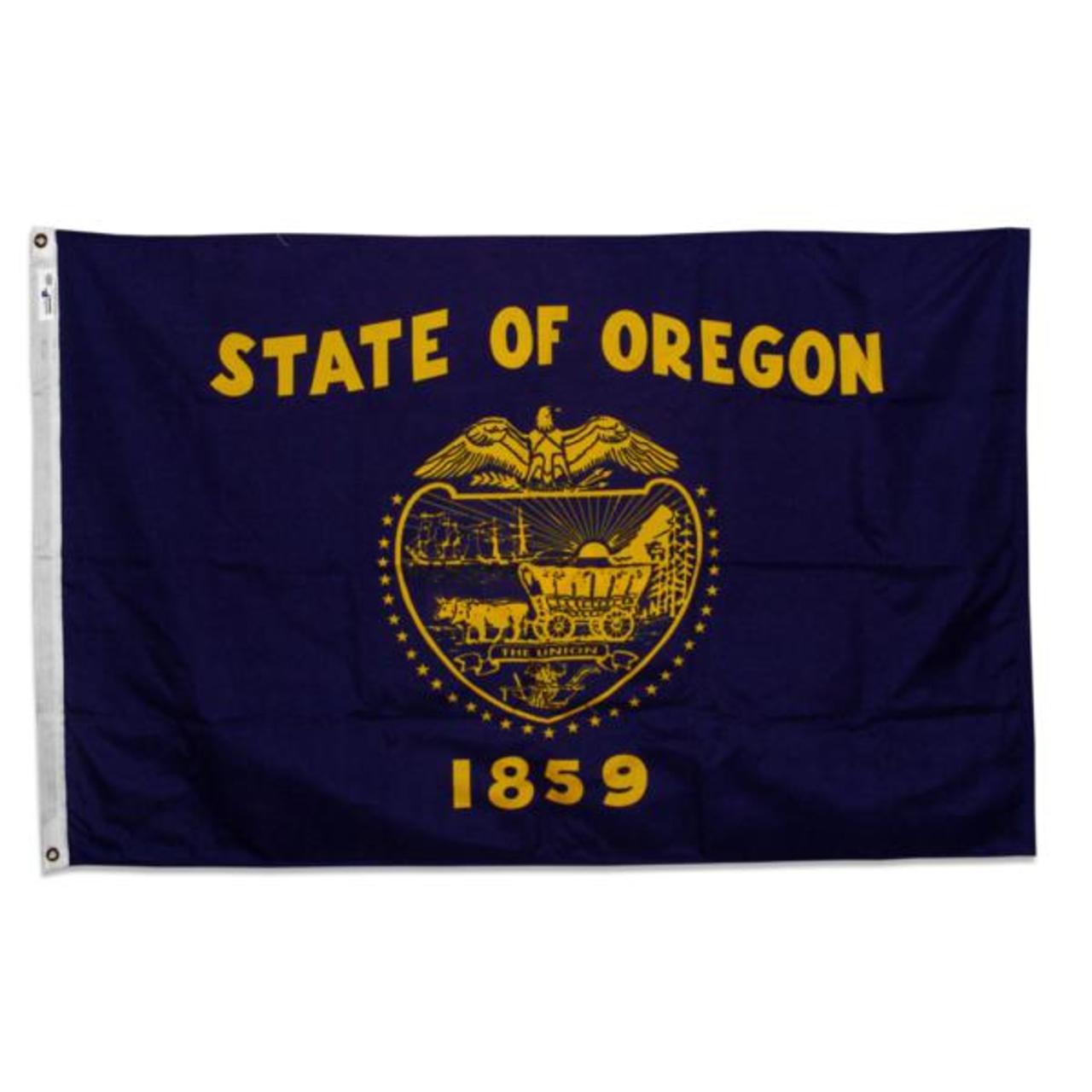 Flag of the State of Oregon with gold text and emblem on a blue background