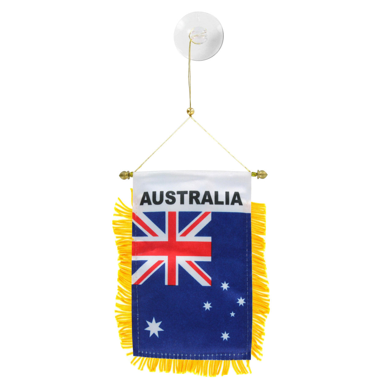 Small hanging flag with Australia text and Union Jack design on a white background