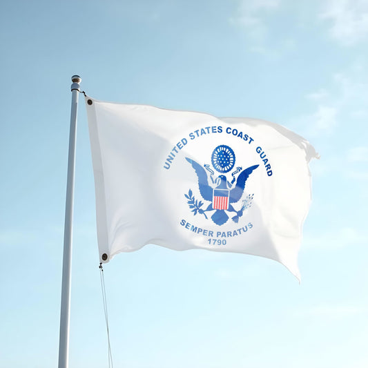 US Coast Guard Flag 3x5ft Super Knit Polyester - Secondary Image - United States Flag Store United States Coast Guard flag waving against a clear blue sky.