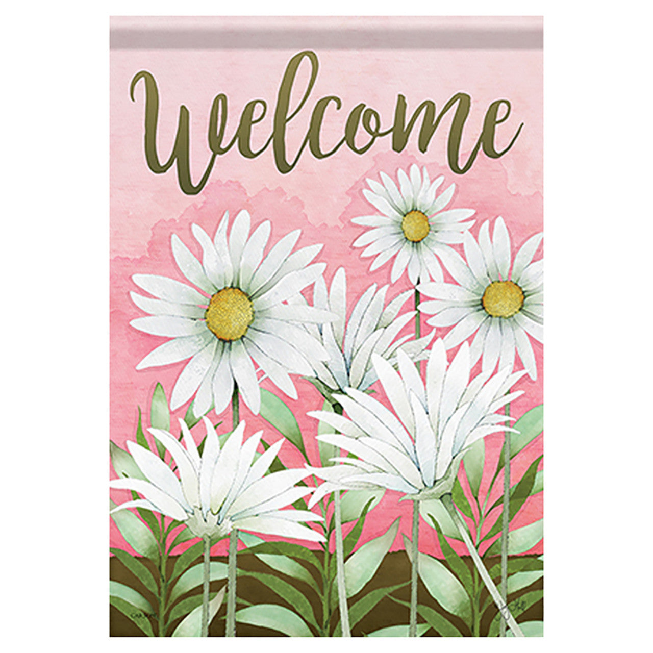 Decorative banner with white daisies and the word 'Welcome' on a pink background