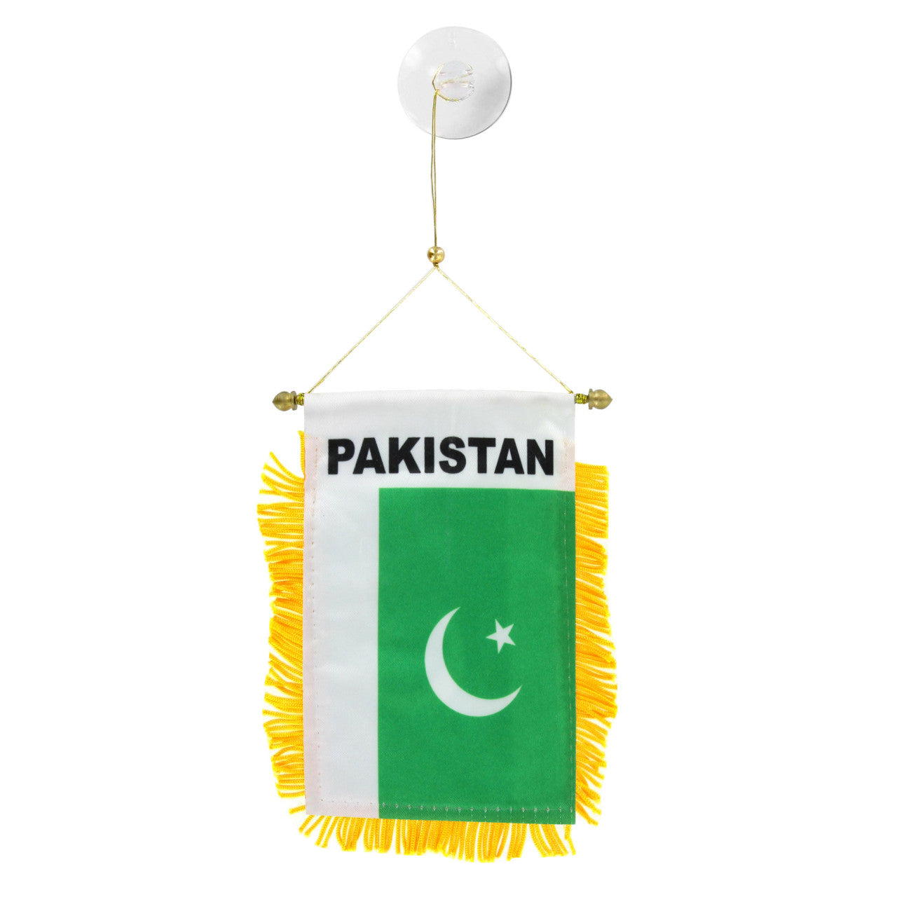Miniature flag of Pakistan with yellow fringe on a white background