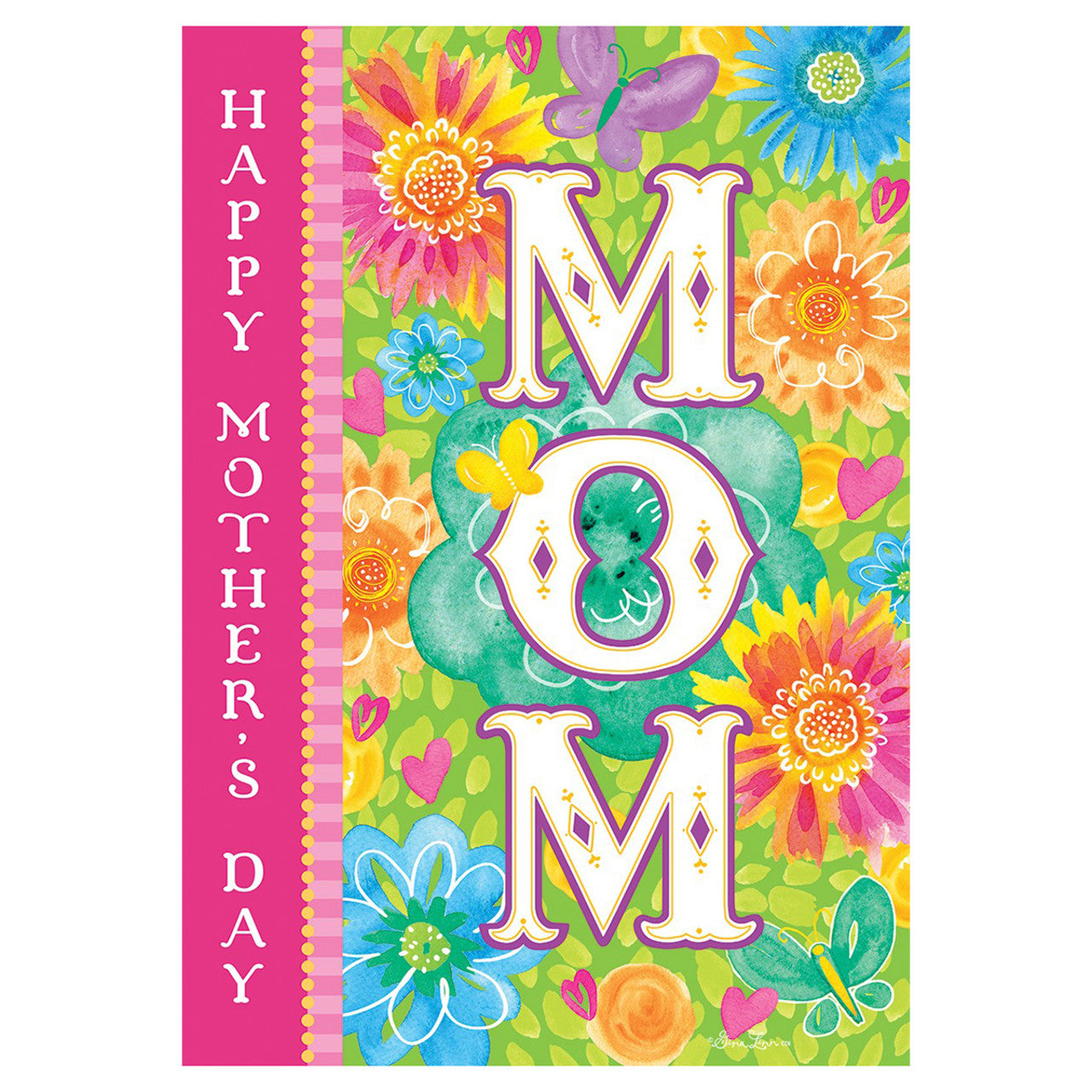 Colorful Mother's Day garden flag banner with flowers and 'Happy Mother's Day' text on a green background.