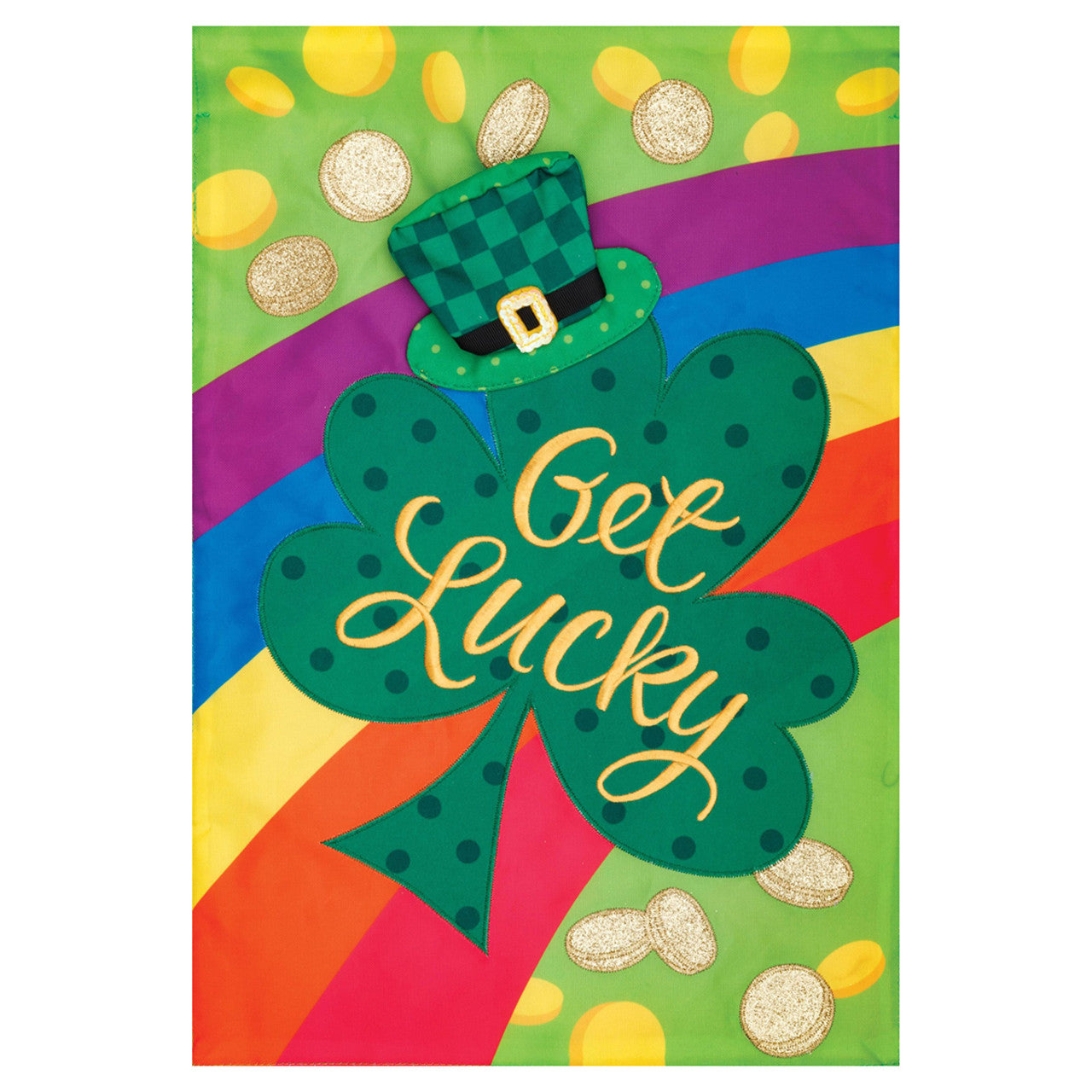 Colorful St. Patrick's Day-themed decorative flag with a shamrock and 'Get Lucky' text on a rainbow background.