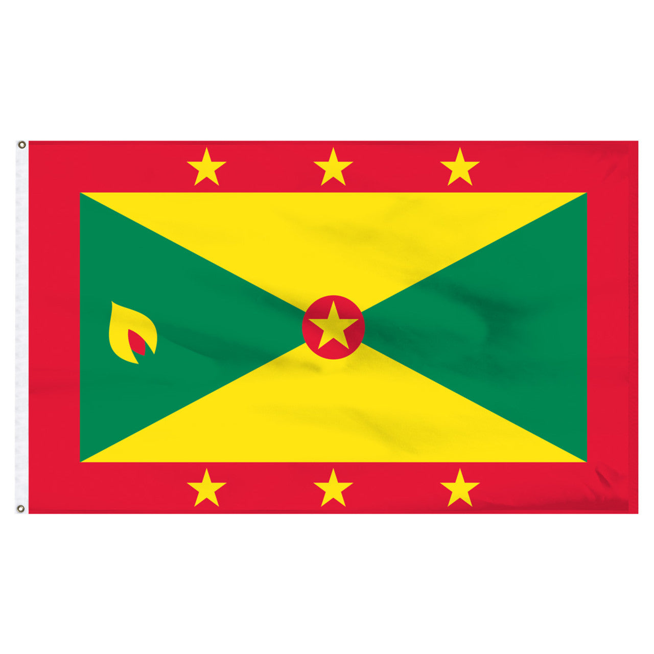 Flag of Grenada with red border and yellow stars with two green triangles and two yellow triangles within the red border. A red circle with a yellow star is in the center.