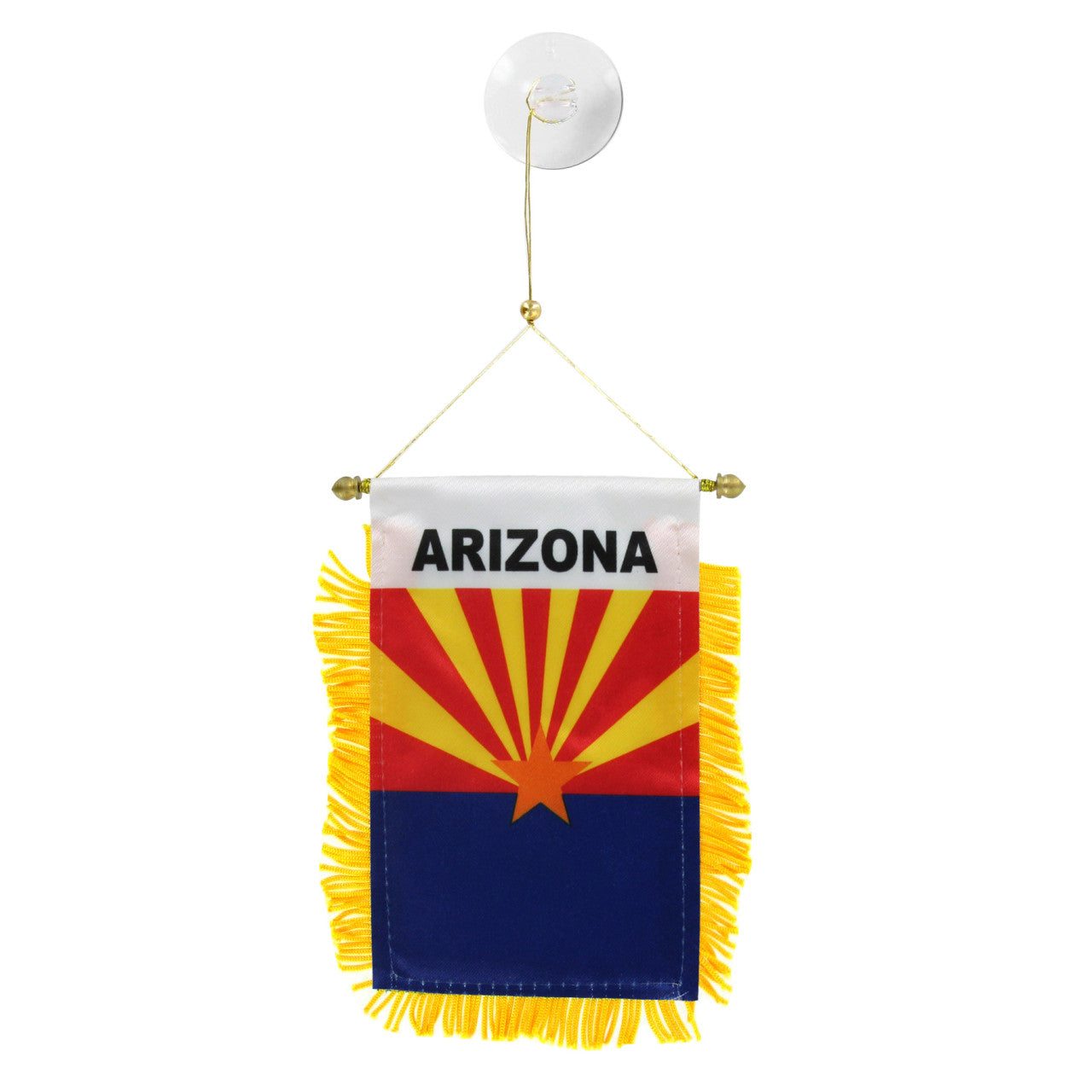Arizona state flag hanging banner with yellow fringe on a white background