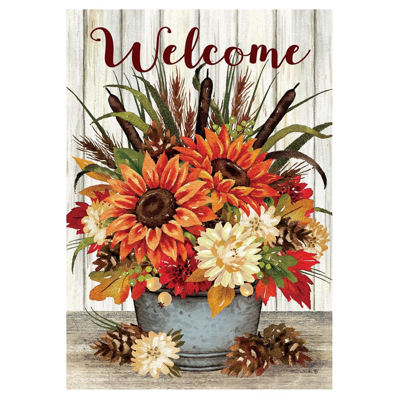 Decorative garden flag with autumn flowers and 'Welcome' text on a wooden background
