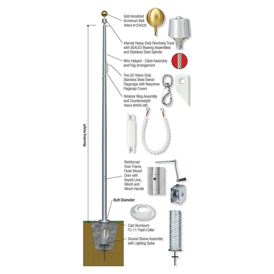 Xtreme Internal Reinforced with Winch Series 35ft 2 Sections Commercial Flagpole - .250in Wall Thickness - 8in Butt Diameter