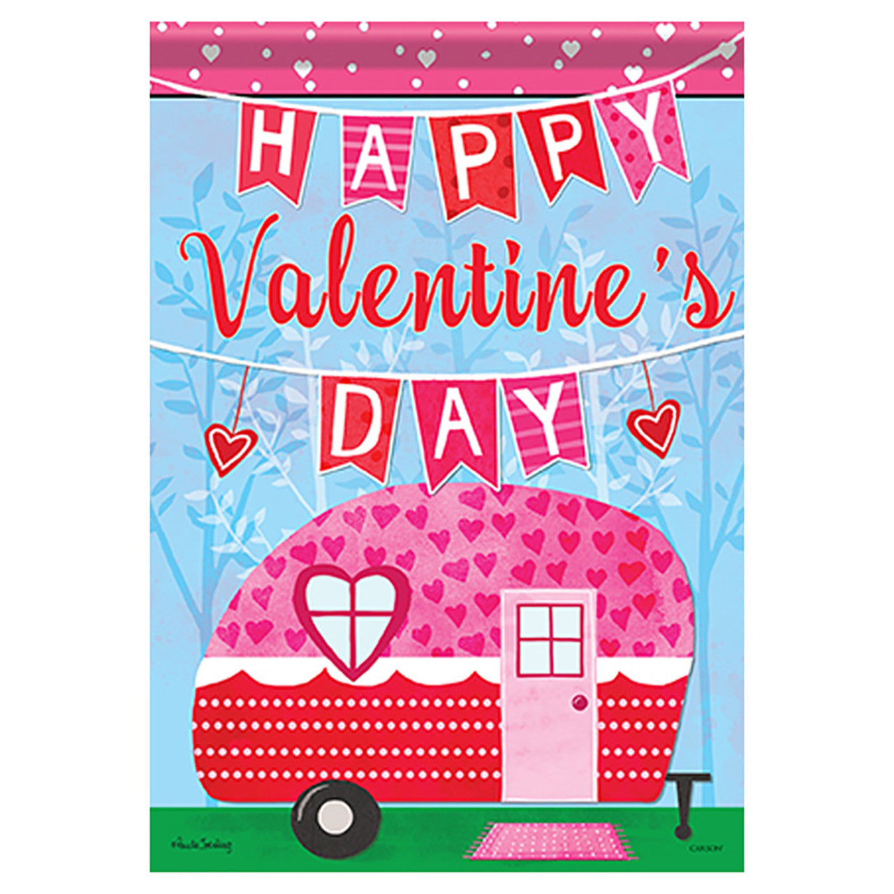Valentine's Day decorative flag with a pink camper and heart designs on a blue background.