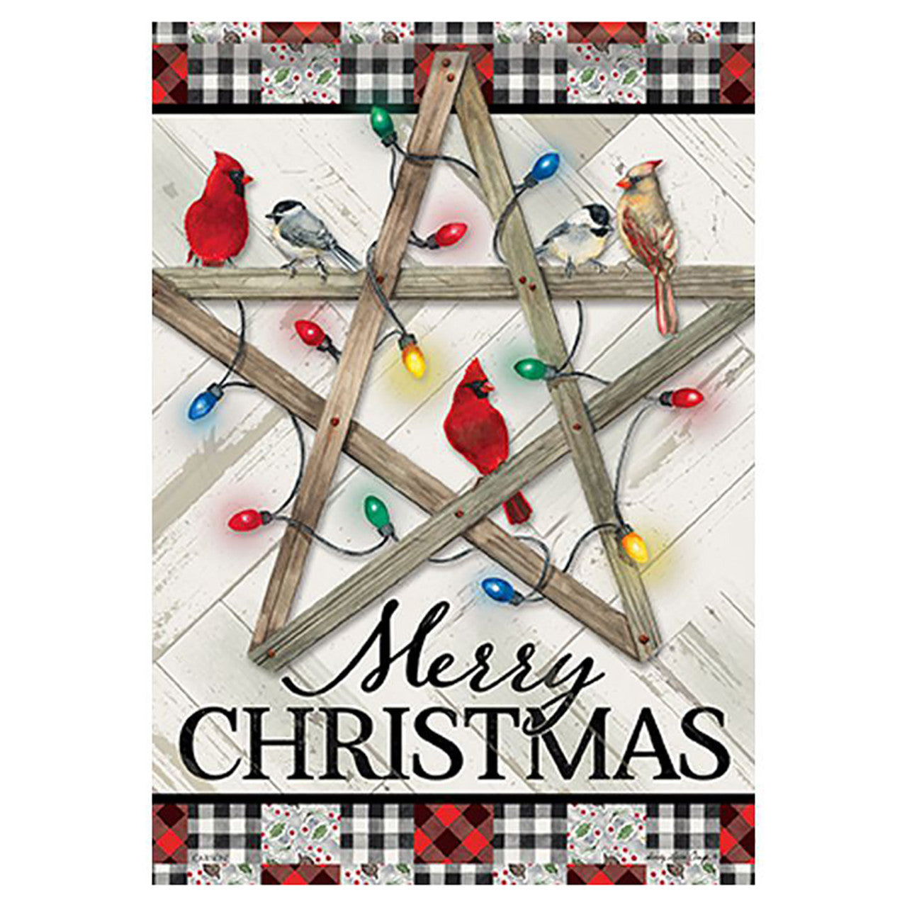Christmas-themed decorative flag with wooden star, birds, and lights on a checkered border.
