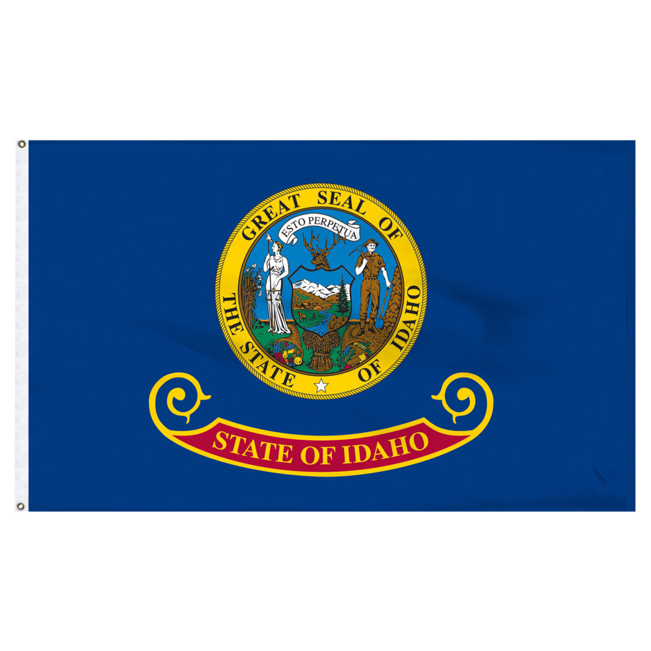 State of Idaho flag featuring the full-color state seal with the text 'ESTO PERPETUA' on a blue background with the 'State of Idaho' red and gold banner.