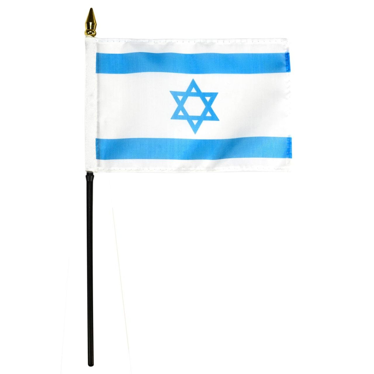 White flag of Israel with two blue horizontal stripes with one on the top and one on the bottom. A blue Star of David is in the center of the flag.
