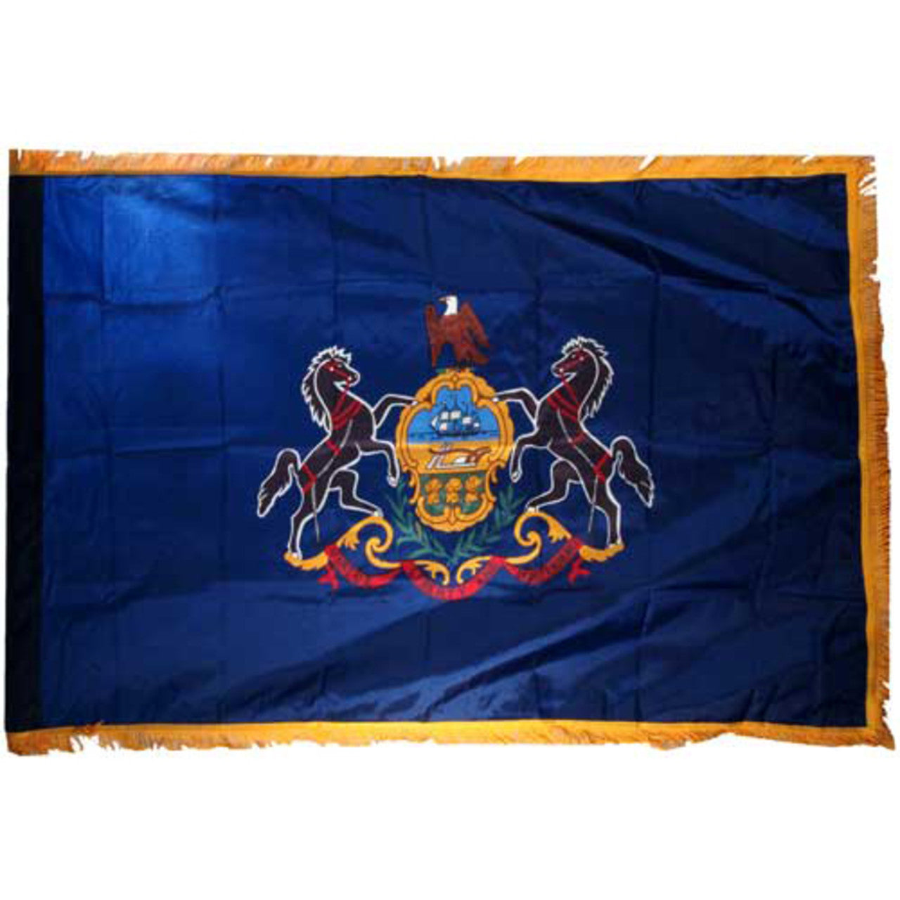 Pennsylvania state flag with a blue background and a central emblem featuring horses and an eagle.