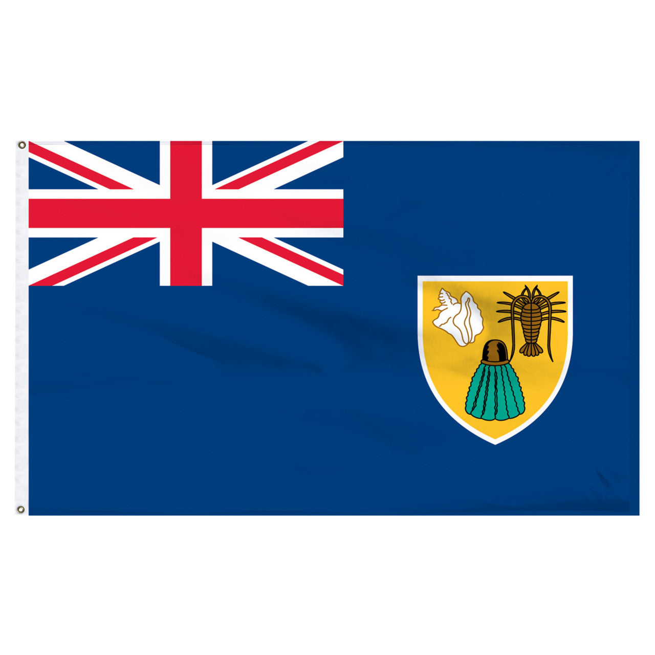 Turks and Caicos flag with Union Jack and coat of arms on a blue background