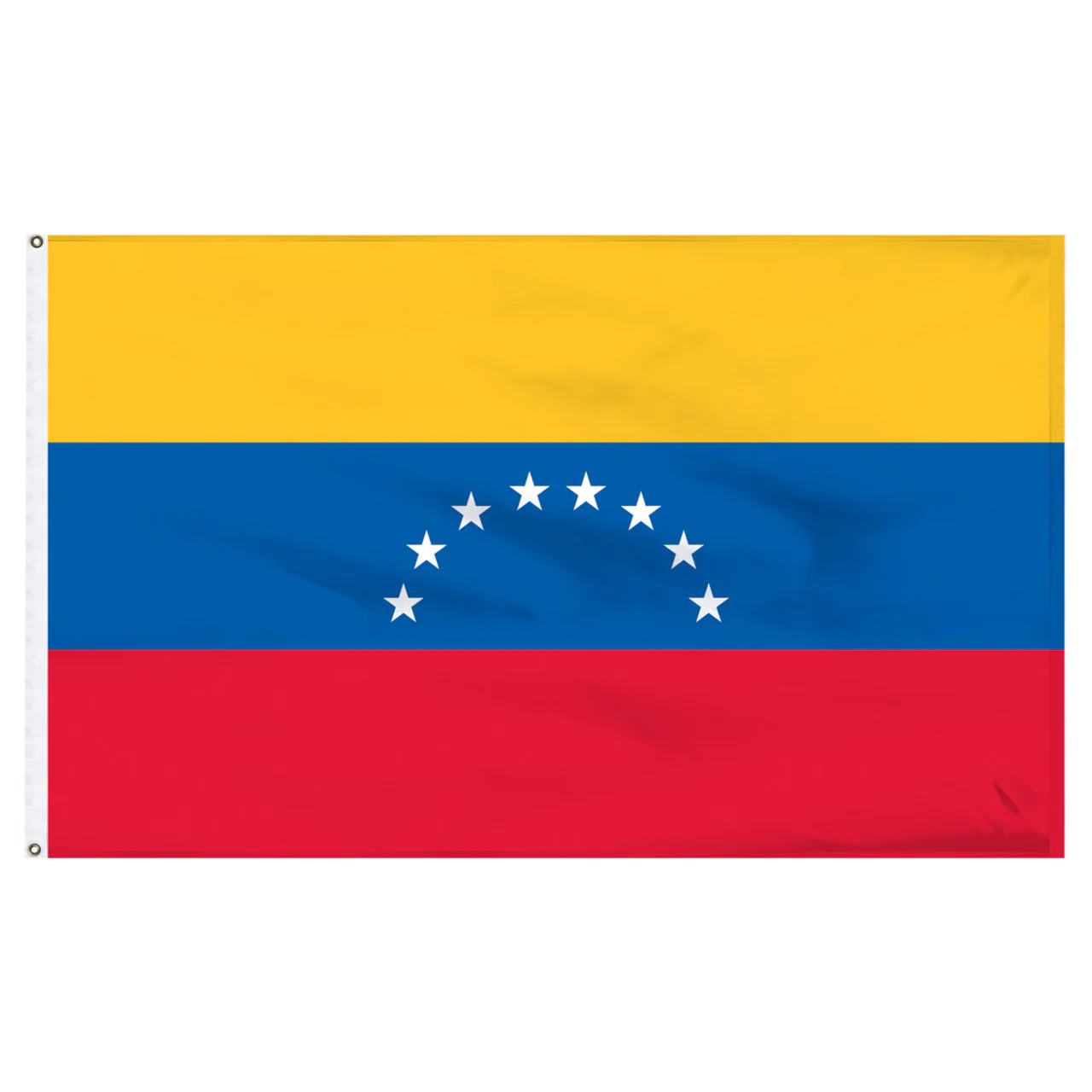 Flag of Venezuela with yellow, blue, and red horizontal stripes and white stars on a white background